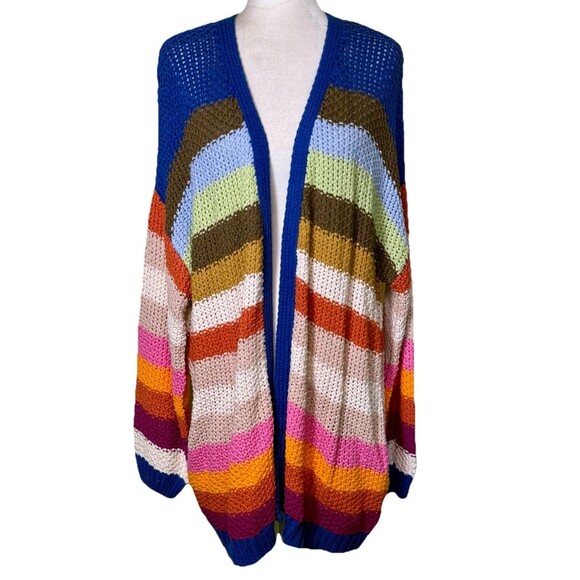 Women’s Crochet Rainbow Stripe Oversized Chunky Layering Fall Open Cardigan XL - Picture 1 of 8
